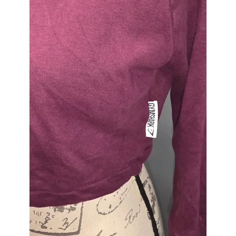 Gymshark Womens Cropped Hoodie Sweatshirt Pullover Training Drawcord Burgundy XS